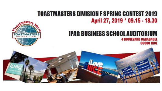 Toastmasters Nice accueillera le Concours International des Discours niveau division du sud de la France le 27 avril 2019