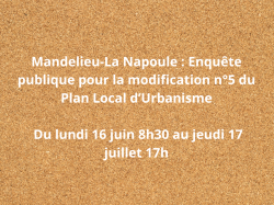 (MAJ - REPORT À UNE DATE ULTÉRIEURE) Mandelieu-La Napoule : Enquête publique pour la modification n°5 du Plan Local d'Urbanisme