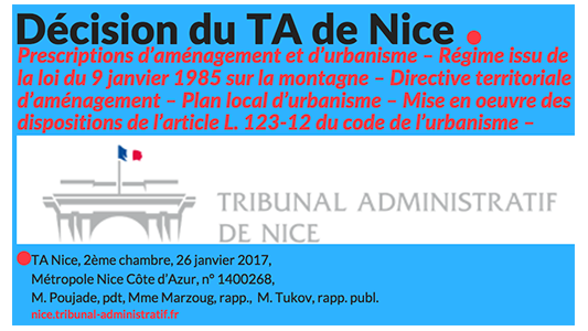 Les jugements du Tribunal Administratif de Nice : urbanisme et aménagement du territoire - Jugement du 26 janvier 2017