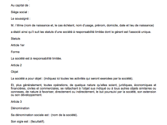 Modèle de statuts types EURL SARL dont l'associé unique est gérant