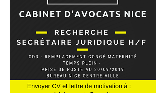 Cabinet d'Avocats en centre-ville de NICE recherche SECRETAIRE JURIDIQUE H/F 