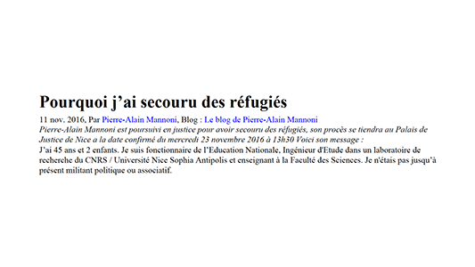 Lettre ouverte des universitaires en soutien aux migrants, à Pierre-Alain Mannoni et tous les citoyens solidaires de PACA