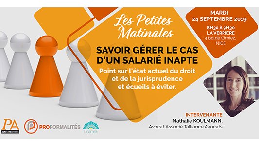 Petite Matinale PA - "Savoir gérer le cas d'un salarié inapte" le 24 septembre à La Verrière Nice