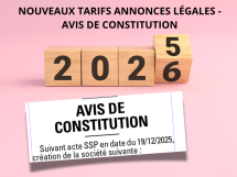 Création de société : détail des tarifs 2026 de l'annonce légale de constitution selon le statut juridique