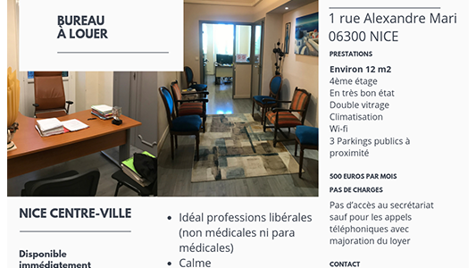 Opportunité : location bureau pro 12m2 centre-ville Nice
