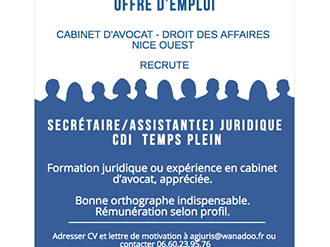 Cabinet d'avocat Droit des affaires NICE OUEST recrute secrétaire/assistant(e) juridique