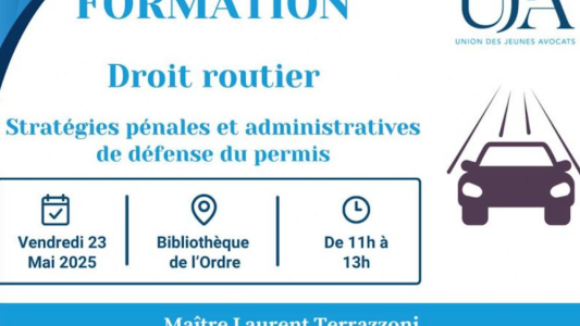 Une formation en droit routier proposée par l'UJA de Nice le 23 mai