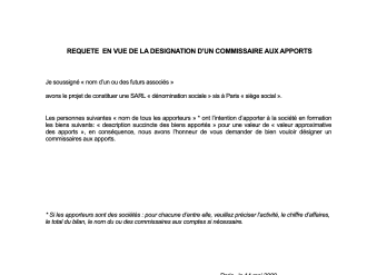 Requête en vue de la désignation d'un commissaire aux apports