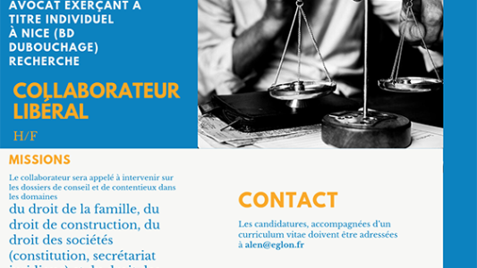Opportunité d'emploi : Avocat Nice centre recherche collaborateur libéral (h/f) 