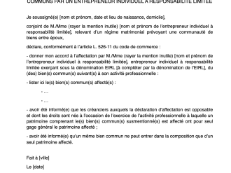 Modèle d'accord du conjoint à l'affectation par l'EIRL d'un bien commun à son activité professionnelle